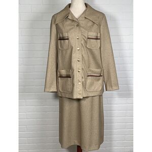 Marty Gutmacher Skirt Suit Women L Tan Dagger Collar 70s Wool Career Vintage 2pc